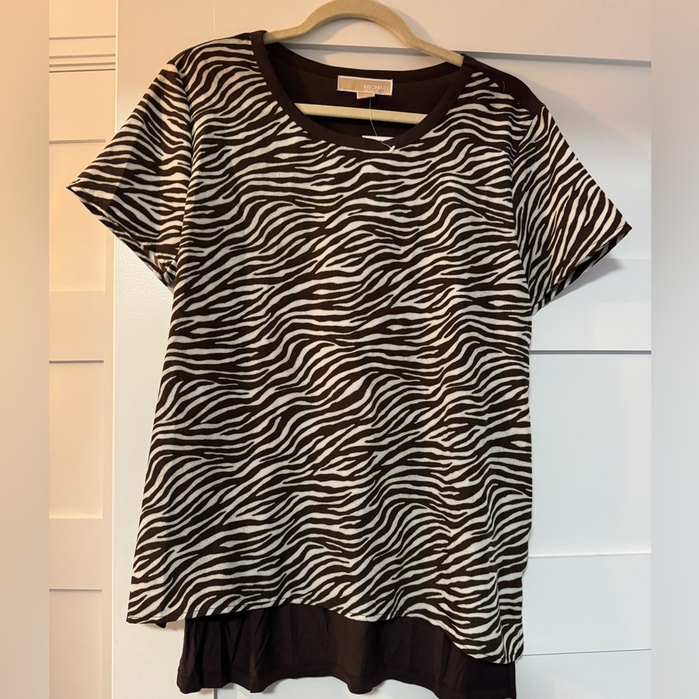 NWT - Brown White Zebra Print Michael Kors Short Sleeve Women's Top Size L